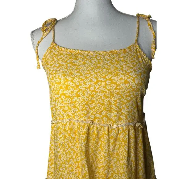 SHEIN Yellow Floral Mini Dress Sundress Tiered Ruffles Tie Straps-Size S - Picture 4 of 5